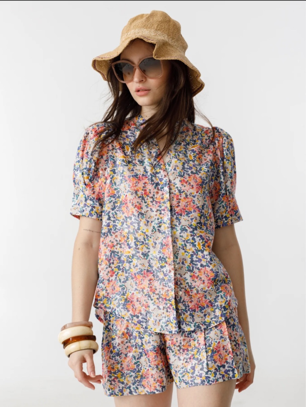 LANHTROPY Top ATHINA METALLIC LINEN SHIRT - FLORECE PRINT Small